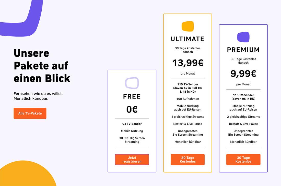 Zattoo Einfach fernsehen Streamingsender kostenlos drei Pakete Premium Ultimate Free Probemonat Drei Pakete zur Auswahl